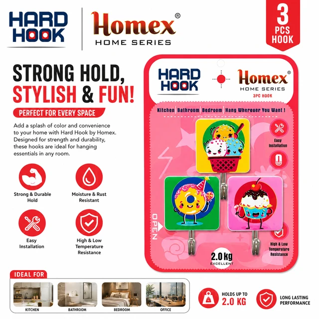 Homex Hard Hook Self-Adhesive Wall Hooks for Home & Office, Cute Cartoon Design, Heavy Duty Multipurpose Wall Hanger, Waterproof & Strong Hold, 3 Pieces Set /87