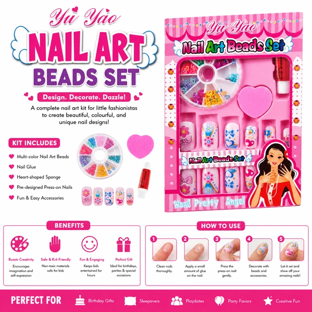 Yu Yao Nail Art Beads Set for Girls (RANDOM DESIGNS)| DIY Kids Nail Decoration Kit with Colorful Nail Beads, Press-On Nails, Nail Glue & Heart Sponge | Creative Beauty Play Set | Gift for Girls