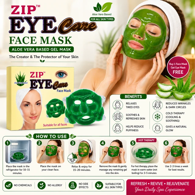 ZIP Eye Care Aloe Vera Gel Face Mask | Reusable Hot & Cold Therapy Facial Mask | Relieves Puffy Eyes, Facial Puffiness & Dark Circles | Skin Refreshing & Relaxing Spa Mask | Suitable for All Skin Types