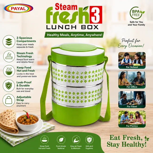 PAYAL Steam Fresh Lunch Box (RANDOM COLOURS)| 3 Stack Leak-Resistant Food Container | Secure Lock System | Easy Carry Strap | Durable Lunch Carrier for Office, School, Picnic & Travel