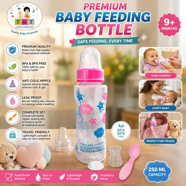 Premium T&T Baby Feeding Bottle 250ml (9oz) for 9+ Months | BPA & BPS Free PP Baby Milk Bottle | Anti-Colic Silicone Nipple | Leak-Proof | Spill-Proof | Food-Grade Feeding Bottle with Sealing Disc, Accessory Spout & Feeding Spoon