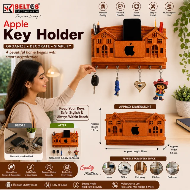 Seltos Apple Design Multipurpose Key Holder Wall Mount with 6 Hooks, Mobile & Letter Organizer Rack, Decorative Home Entrance Key Stand for Entryway, Living Room, Office & Kitchen