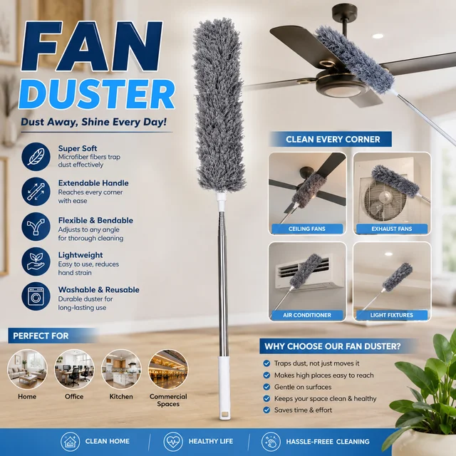 Premium Microfiber Fan Duster with Extendable Stainless Steel Handle | Soft Washable Dust Cleaning Brush | Flexible Long Reach Duster for Ceiling Fans, AC, Lights, Blinds & Home Cleaning
