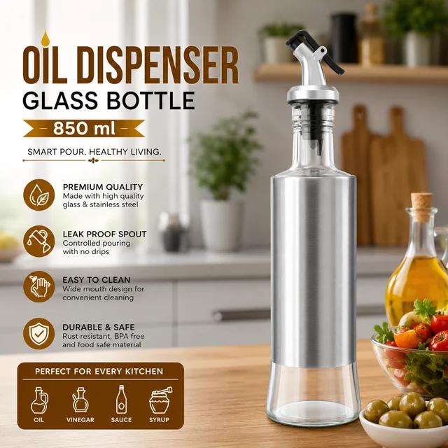 Premium 850 ml Glass Oil Dispenser Bottle with Stainless Steel Sleeve & Leak-Proof Pour Spout | Drip-Free Olive Oil & Vinegar Dispenser | Refillable Kitchen Oil Bottle for Cooking, Salad & BBQ