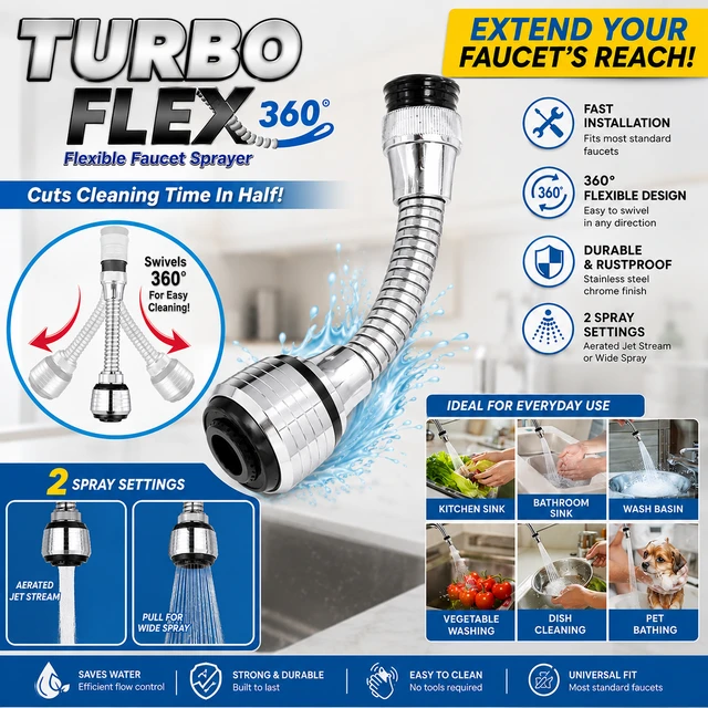 Turbo Flex 360° Flexible Faucet Sprayer | Stainless Steel Kitchen Tap Extension Hose | Dual Spray Modes (Jet Stream & Wide Spray) | Universal Sink Faucet Extender