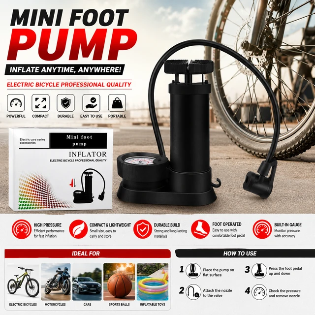 Mini Foot Air Pump – Portable Bicycle & Motorcycle Tyre Inflator | High Pressure Foot Operated Air Pump | Compact Air Pump for Cycles, Bikes, Balls & Sports Equipment