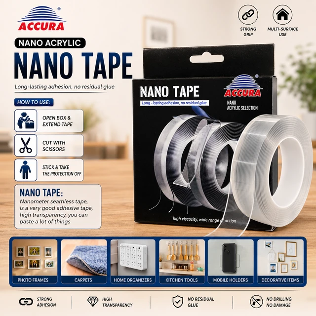 ACCURA Nano Acrylic Double-Sided Nano Tape | Heavy Duty Transparent Adhesive Tape | Strong Grip | No Residual Glue | Multi-Surface Mounting Tape for Home, Office & Kitchen