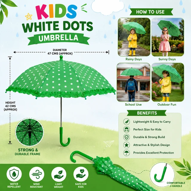 Kids White Dots Umbrella for Boys & Girls ( RANDOM COLOURS ) | Lightweight Rain & Sun Protection Umbrella | Cute Polka Dot Design | Durable Frame & Comfortable J-Hook Handle /10