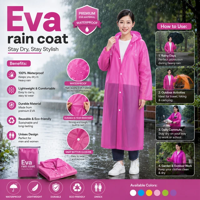 EVA Waterproof Raincoat for Men & Women ( RANDOM COLOURS )| Reusable Rain coat| Lightweight Windbreaker Rain Wear | Protection for Travel, Bike Riding, Trekking & Outdoor Use /14