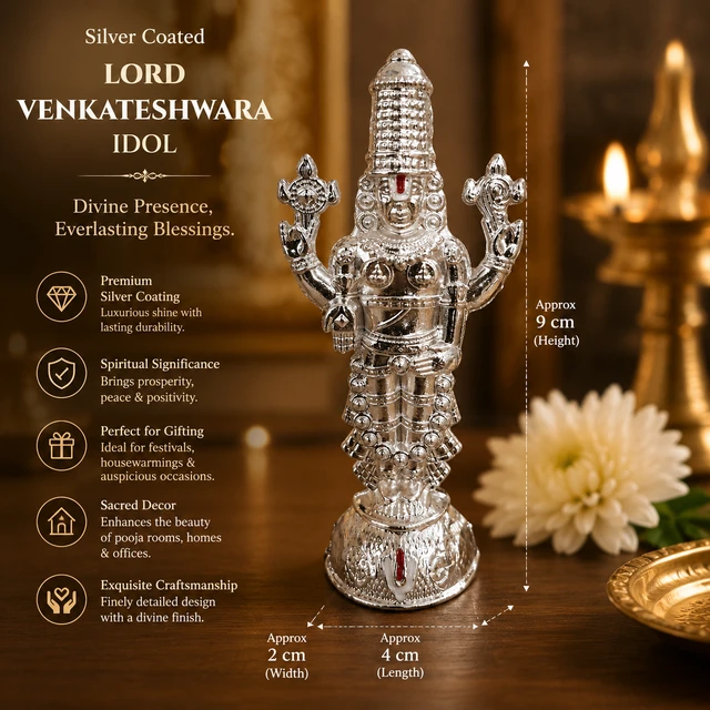 Silver Coated Metallic Lord Venkateshwara Idol for Home Temple, Pooja Room & Office Desk | Divine Balaji Statue for Spiritual Decor, Gifting & Vastu