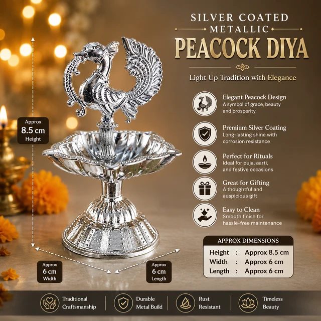 Silver Coated Metallic Peacock Diya for Puja & Home Decor | Decorative Peacock Oil Lamp | Premium Finish Traditional Diya for Festival, Temple, Gifting & Spiritual Decor/32