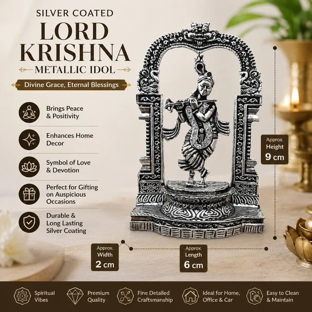 KULIA Jewellers Silver Coated Lord Krishna Metallic Idol for Home Decor & Pooja | Decorative Krishna Statue with Ornate Arch Design | Premium Spiritual Showpiece for Temple, Office, Car Dashboard & Gift Purpose /4