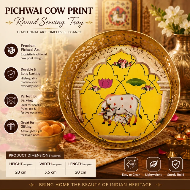 Cow Pichwai Print Round Decorative Serving Tray | Traditional Indian Art Design Metal Tray | Elegant Tea, Coffee & Snack Serving Platter | Decorative Home Décor & Gifting Tray /43