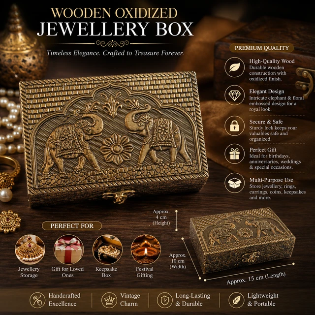 Wooden Oxidized Jewellery Box with Elephant Embossed Design | Decorative Storage Box for Jewelry, Rings, Earrings & Keepsakes | Handcrafted Vintage Trinket Box | Gift Box for Women & Home Décor /44