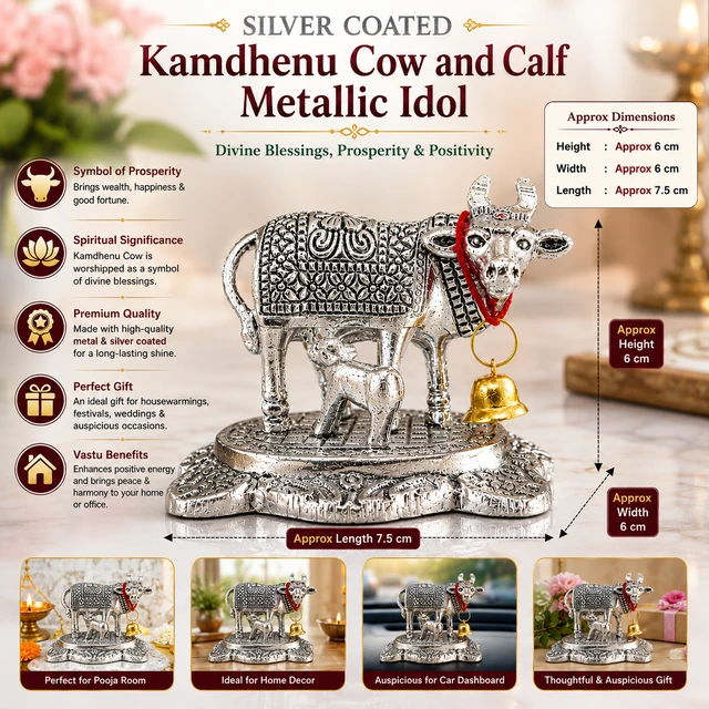 Silver Coated Kamdhenu Cow & Calf Metallic Idol for Home Temple, Pooja Room & Vastu Decor | Decorative Sacred Cow Statue with Bell | Spiritual Gift & Auspicious Showpiece /15