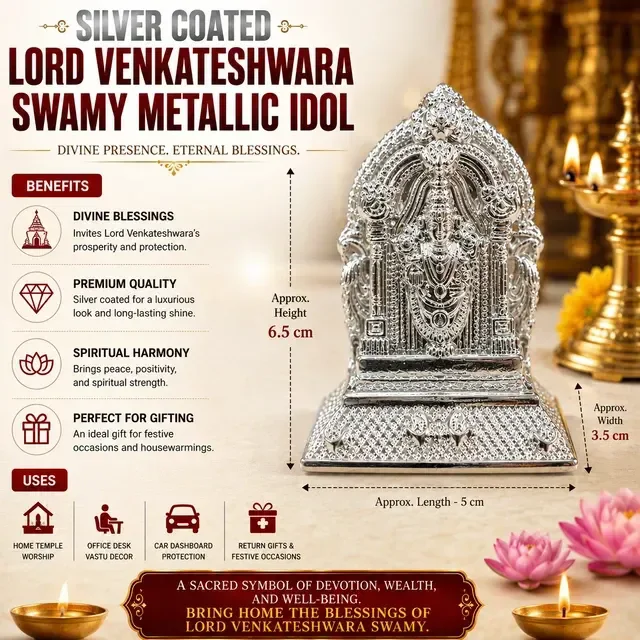 Silver Coated Lord Venkateswara Swamy Metallic Idol for Pooja Room, Home Temple, Office Desk & Car Dashboard | Decorative Hindu God Statue for Spiritual Decor & Gifting