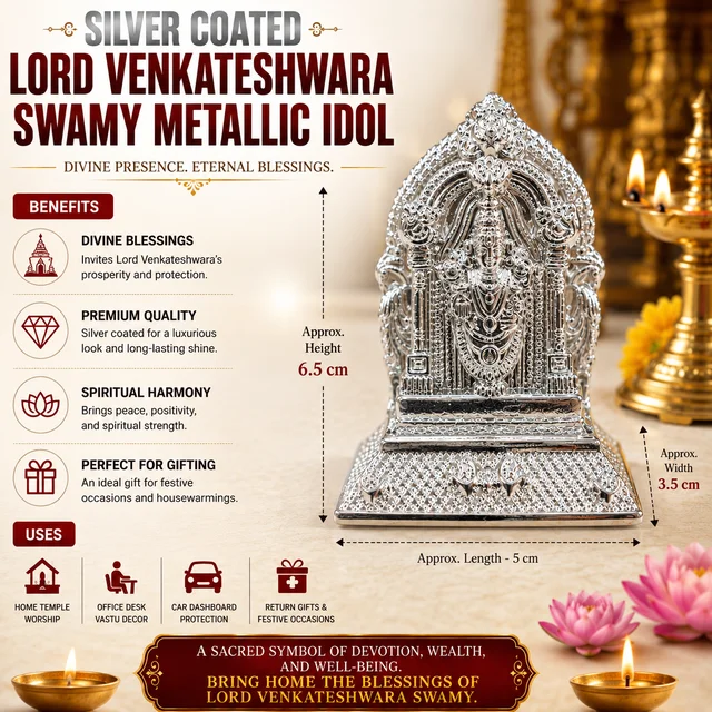 Silver Coated Lord Venkateswara Swamy Metallic Idol for Pooja Room, Home Temple, Office Desk & Car Dashboard | Decorative Hindu God Statue for Spiritual Decor & Gifting /18