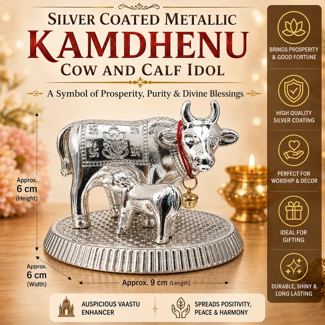 Silver coated Kamdhenu Cow with Calf Decorative Showpiece for Home Decor, Pooja Room, Vastu, Office Desk & Gift Item (Silver Finish)/ 39