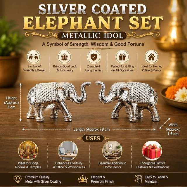 Silver Coated Elephant Set Metallic Idol for Home Decor & Pooja Room | Lucky Elephant Pair Statue | Vastu Feng Shui Good Luck Decorative Showpiece | Premium Metal Craft Gift Item for Home, Office & Festivals /16