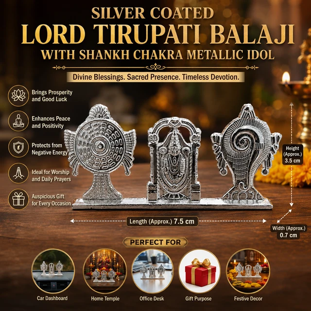 Silver Coated Lord Tirupati Balaji with Shankh Chakra Metallic Idol | Mini Spiritual Showpiece for Home Temple, Car Dashboard, Office Desk, Pooja Room & Gift Purpose /28