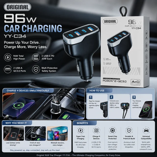 96W Car Charger, 4-Port USB Car Adapter with 2 USB-C PD 30W & 2 USB-QC 3.0+3.1A Ports, Aluminum Shell Car Charger, Multi-Device Fast Charging for iPhone, Samsung, Android, Tablets & More (YY-C34)