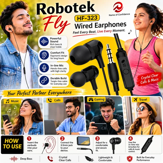 Robotek Fly HF-323 Wired Earphones with In-Line Microphone, 3.5mm Audio Jack, Deep Bass Stereo Sound, Comfortable In-Ear Design, Tangle-Free Cable for Calls, Music, Gaming & Travel