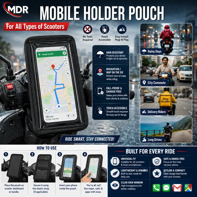 MDR Scooter Mobile Holder Pouch with Transparent Touch Screen Window, Waterproof & Rain Resistant Phone Mount Bag, Universal Handlebar Mobile Holder for Scooters, Bikes & Motorcycles, Navigation Ready