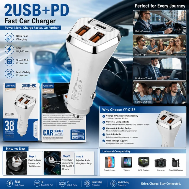 38W Fast Car Charger Adapter with Dual USB & USB-C PD Port, 3-Port Fast Charging Car Charger, Smart IC Protection, Power Delivery (PD) & Quick Charge Compatible for Android, iPhone, Tablets & Other USB Devices