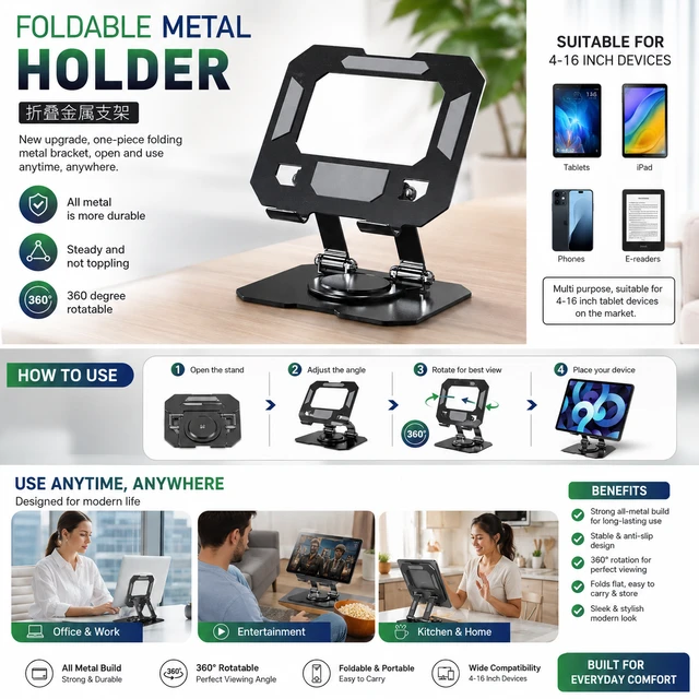 Premium Foldable Metal Holder with 360° Rotatable| Adjustable Desktop Holder for 4–16 Inch Tablets, iPad, Mobile Phones & E-Readers | Heavy-Duty Carbon Steel, Anti-Slip, Portable Desk Stand |