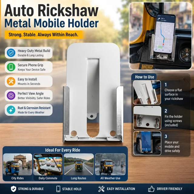 Auto Rickshaw Metal Mobile Holder | Heavy-Duty Mobile Stand | Dashboard Mount Phone Holder | Secure & Stable Mobile Bracket for Auto Rickshaw Drivers | Easy Installation | Rust-Resistant
