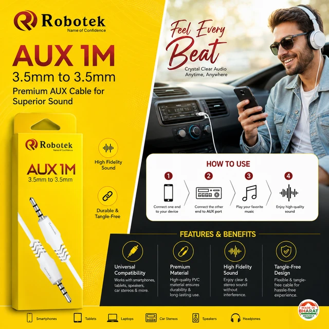 Robotek AUX Cable 1 Meter, 3.5mm Male to 3.5mm Male Audio Jack, Premium PVC Tangle-Free Stereo AUX Cable for Car, Mobile, Laptop, Tablet, Home Theatre, Speakers & Headphones