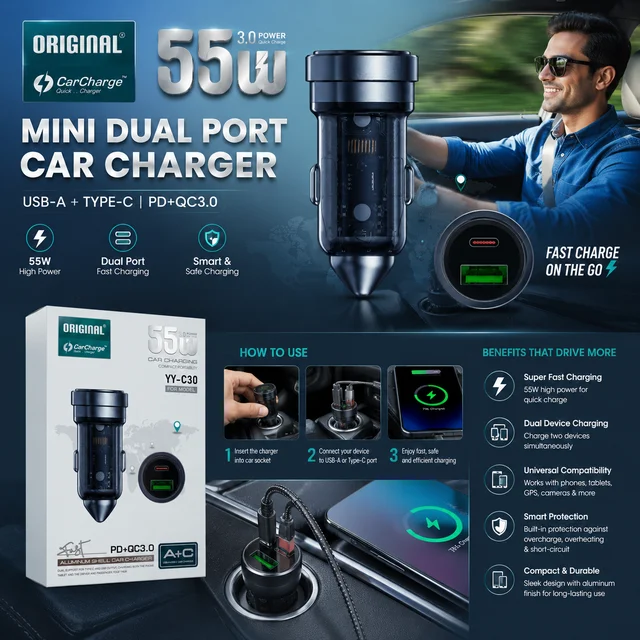 55W Mini Dual Port Car Charger, USB-A + USB Type-C Fast Car Charger Adapter, PD 3.0 & QC 3.0 Quick Charge, Aluminum Shell Car Mobile Charger for Android, iPhone, Tablets & Other USB Devices (Model YY-C30)