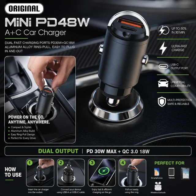 48W Mini PD Fast Car Charger, Dual USB (USB-C PD 30W + USB-A QC 3.0 18W), Metal Ring Pull Design, Ultra-Fast Charging Adapter for Car, Compatible with Android, iPhone, Tablets & More (Black)