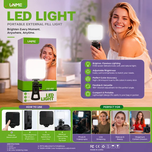 UNME PYP-K101 Portable LED Video Light for Mobile & DSLR Camera | 3.5W Dimmable Fill Light | 2500K-6500K Adjustable Color Temperature | 180° Rotatable | Universal Hot Shoe Mount | LED Light for Vlogging, Photography & Video Recording