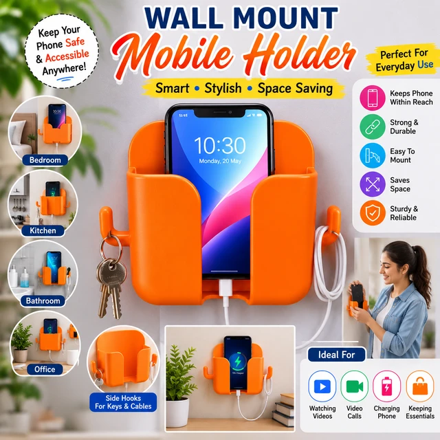 Wall Mount Mobile Holder for Smartphones ( RANDOM COLOURS) with Hooks, Space Saving Wall Phone Storage Organizer for Home, Office, Kitchen & Bedroom