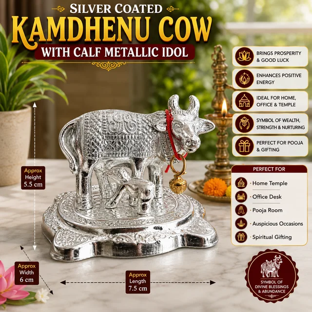Silver Coated Kamdhenu Cow with Calf Metallic Idol for Home Temple, Pooja Room & Office | Vastu & Feng Shui Decorative Showpiece | Auspicious Gift for Housewarming, Diwali, Wedding & Festivals | Premium Finish /37