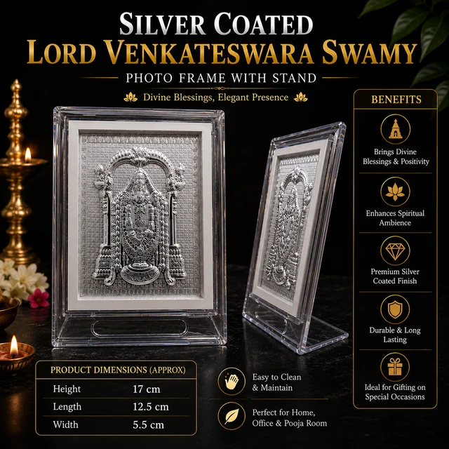 Silver Coated Lord Venkateswara Swamy Photo Frame with Stand | Premium Decorative Divine Photo Frame | Elegant Pooja Room, Home & Office Décor | Spiritual Gift for Housewarming, Wedding, Anniversary & Festivals /70