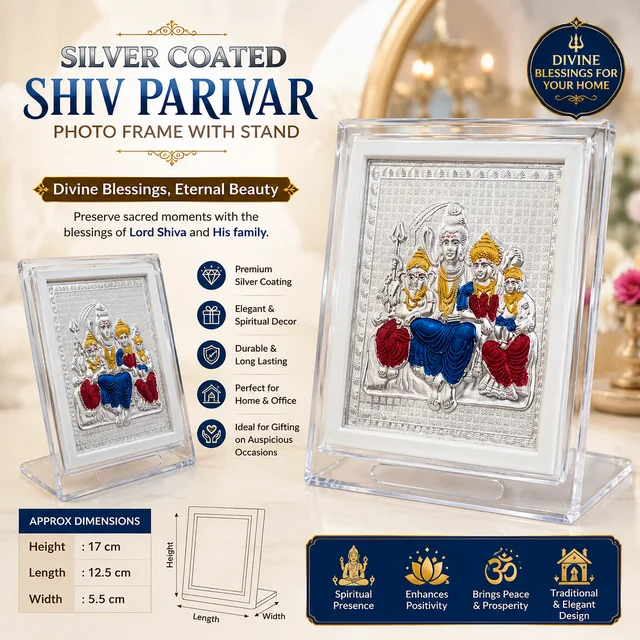 Silver Coated Shiv Parivar Photo Frame with Stand | Premium Decorative Pooja Frame for Home, Office & Temple | Elegant Spiritual Gift for Housewarming, Wedding, Festival & Diwali | 2 No. New Stand 999 silver