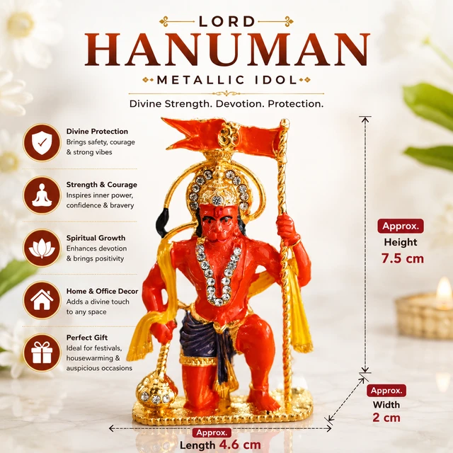 Lord Hanuman Metallic Idol for Home Decor & Car Dashboard | Premium Decorative Hanuman Murti | Gold & Red Finish | Lucky Spiritual Gift for Home, Office, Pooja Room & Temple/11