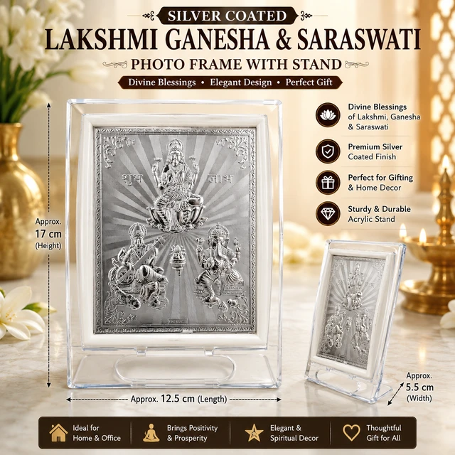 Silver Coated Lakshmi Ganesha Saraswati Photo Frame with Stand | Premium Divine Decorative Frame for Home, Office, Pooja Room & Gifting /70