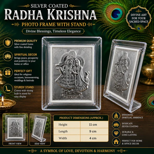 Silver Coated Radha Krishna Photo Frame with Stand | Premium Decorative Silver coated Divine Idol Frame | Elegant Tabletop Showpiece for Home Temple, Office Desk & Living Room | Ideal Gift for Housewarming, Wedding & Festivals /69