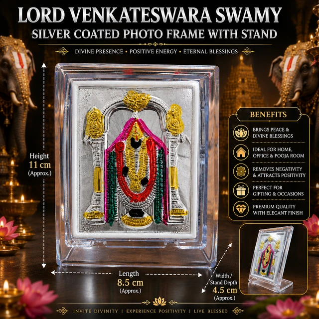 Silver Coated Lord Venkateswara Swamy Photo Frame with Stand | Premium Decorative Pooja Frame for Home Temple, Office & Car Dashboard | Acrylic Display Frame | Spiritual Gift/69