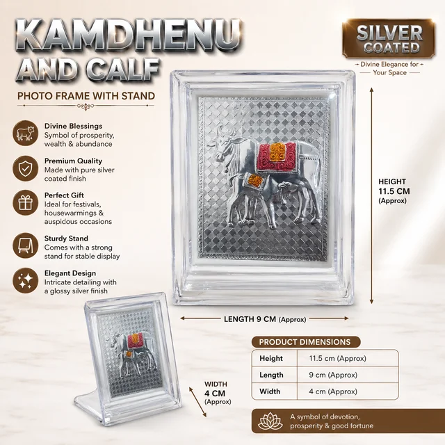 Silver Coated Kamdhenu & Calf Photo Frame with Stand | Divine Cow & Calf Idol in Premium Acrylic Frame | Vastu, Pooja Room, Home & Office Decor | Auspicious Gift for Housewarming, Diwali & Festivals |