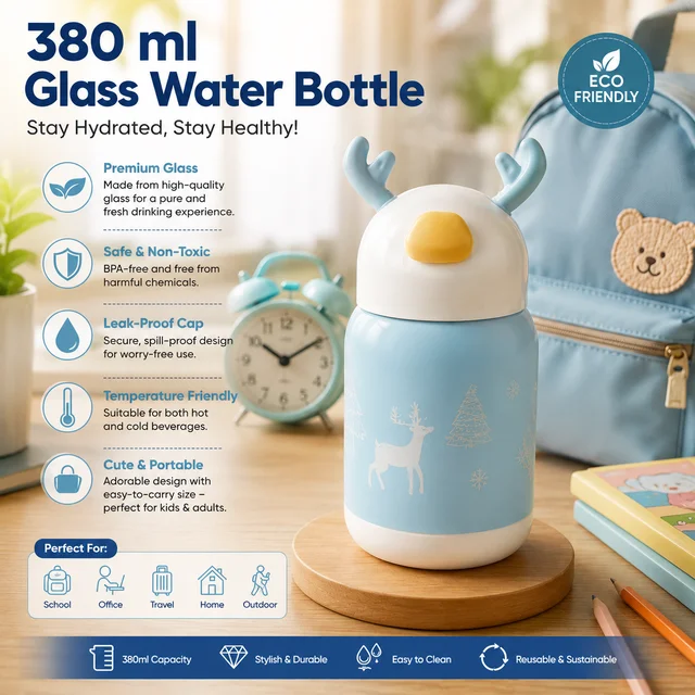 380 ml Cute Deer Antler Glass Water Bottle with Leak-Proof Lid ( RANDOM COLOURS)| Premium Borosilicate Glass Drinking Bottle | BPA-Free Reusable Water Bottle for Kids, Office, School & Travel