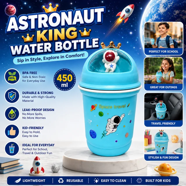 Astronaut King Water Bottle for Kids 450 ml ( RANDOM COLOURS )| BPA-Free Leak-Proof Water Bottle | Cute Space Theme Reusable Drinking Bottle | Lightweight School Water Bottle for Boys & Girls | Travel & Outdoor Use