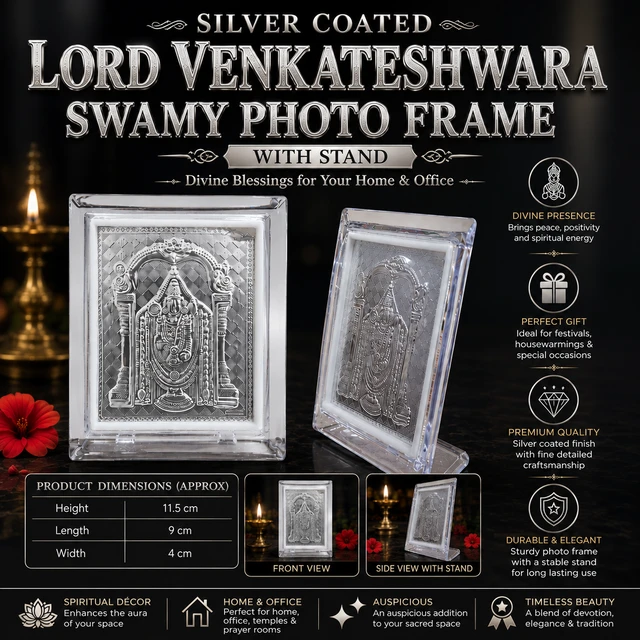 Silver Coated Lord Venkateshwara Swamy Photo Frame with Stand | Premium Decorative Silver Finish Divine Idol Frame | Pooja Room, Home Temple, Office Desk & Car Dashboard Decor | Auspicious Spiritual Gift for Housewarming & Festivals