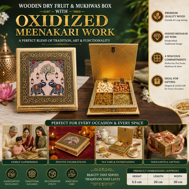 Wooden Decorative Dry Fruit & Mukhwas Box with Oxidized Meenakari Work | 4 Compartment Multipurpose Storage & Serving Box | Handcrafted Snack, Dry Fruit, Candy & Mouth Freshener Organizer | Traditional Gift Box for Home Décor & Festive Gifting