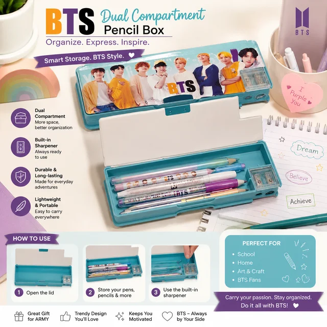 BTS Printed Pencil Box with Built-in Sharpener & Dual Storage Compartments | Lightweight Plastic Pencil Case for School Kids, Students & BTS Fans | Multipurpose Stationery Organizer