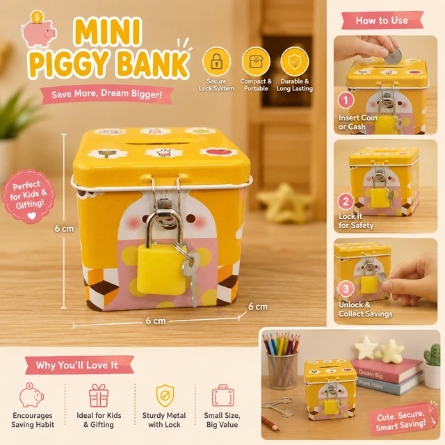 Cute Mini Metal Piggy Bank with Lock & Key for Kids ( RANDOM COLOURS & DESIGNS )| Cartoon Coin Saving Box | Portable Money Bank for Boys & Girls | Secure Coin Storage Gift