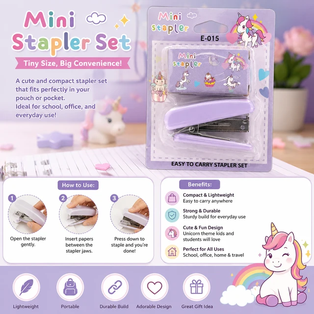 Mini Unicorn Stapler Set with Staple Pins Box – Cute Portable Pocket Stapler for School, Office, Home & Craft Projects, Compact Easy Carry Stationery Kit (Pastel Purple)